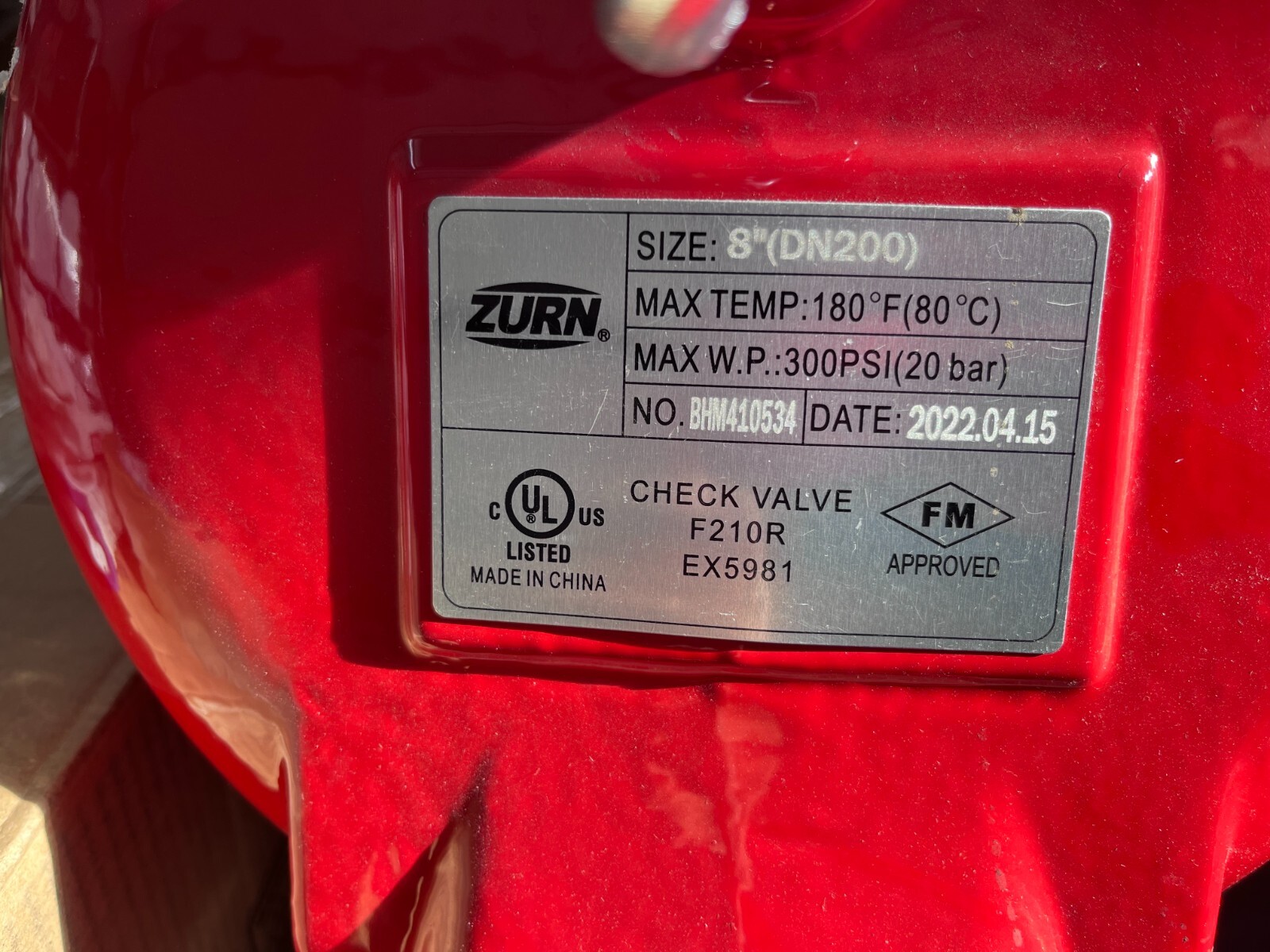 Zurn bhm410534 8" DN200 check valve F210R EX 5981