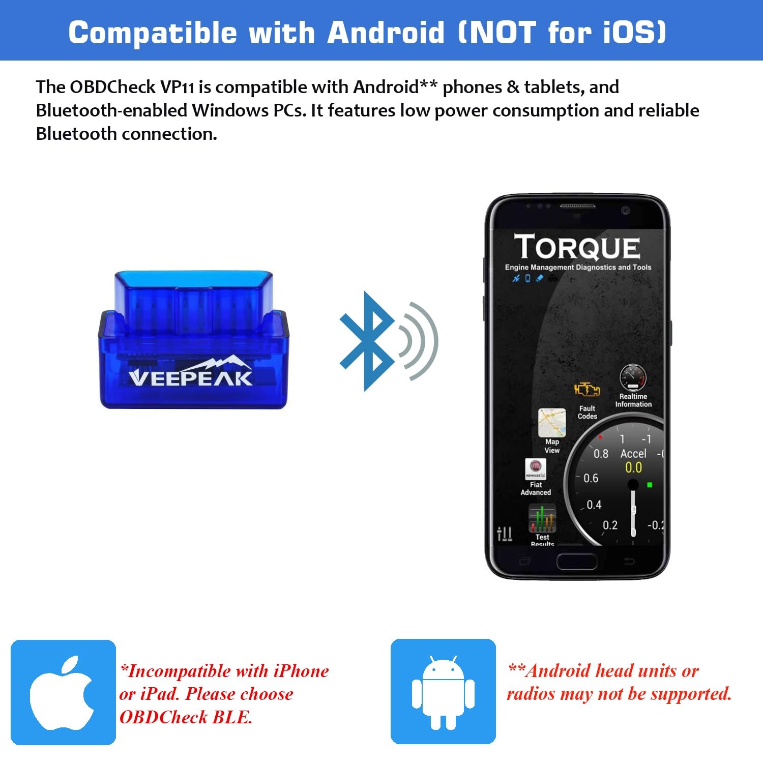 Veepeak Mini Bluetooth OBD2 Scanner for 3.0 Android ONLY, Blue