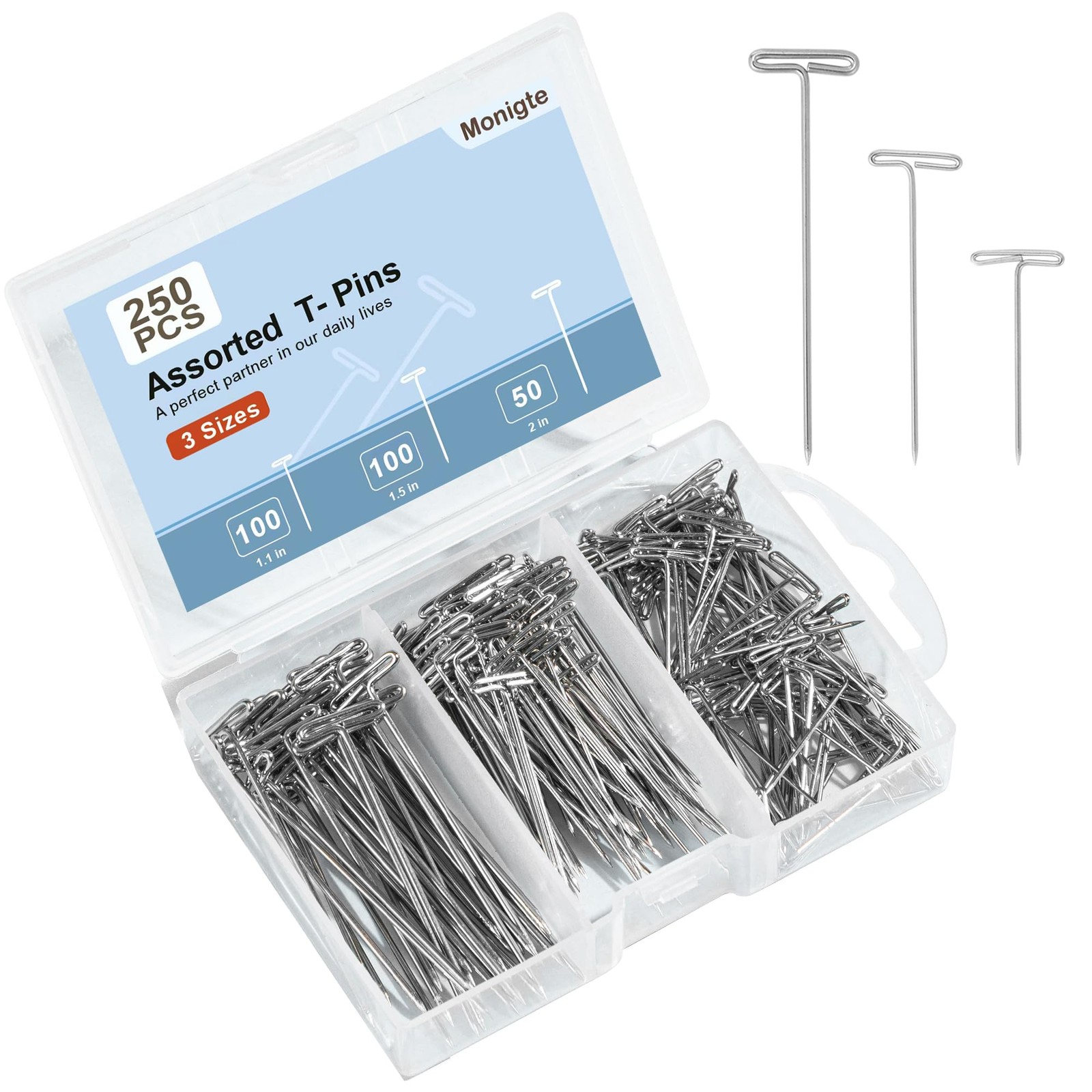 250Pcs T Pins, 1inch /1.5inch/ 2 inch TPins,Stainless Steel T Pin for Wigs, B...