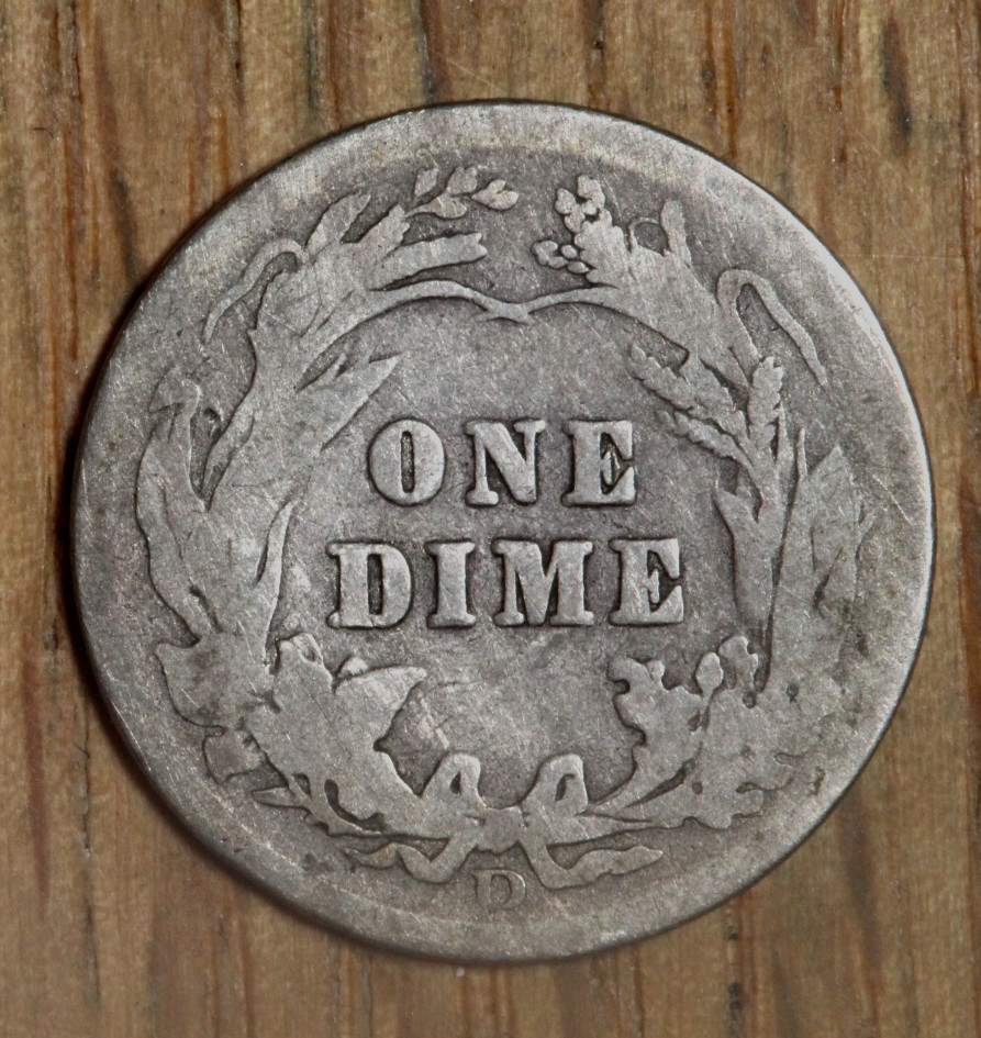 1908 D Liberty Head "Barber" Silver Dime 10¢ - G - Good