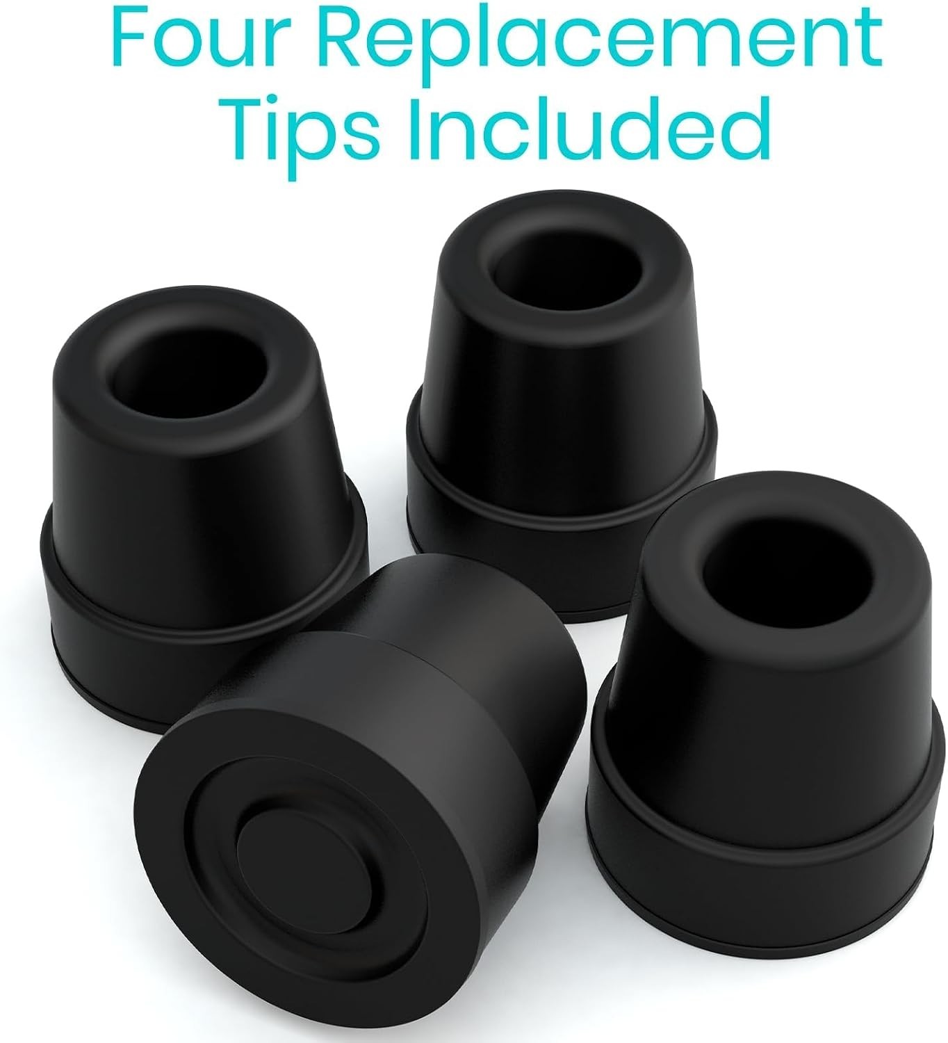 Quad Cane Tips - Heavy Duty 1/2 Inch Replacement Rubber Foot - Black (4 Pack)