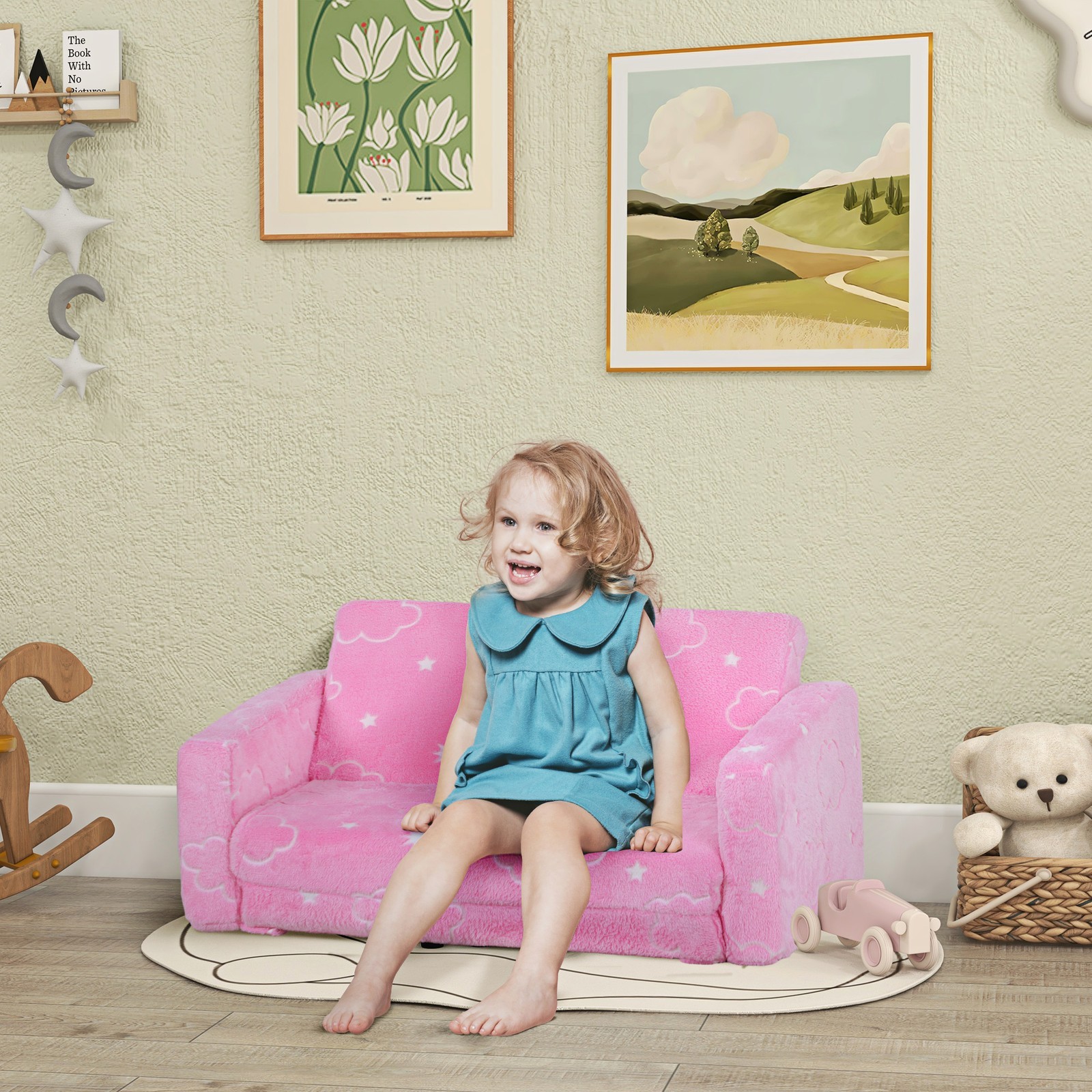 2 in 1 Kids Sofa Chair, Toddler Couch with Glow in The Dark Cosmic Patten