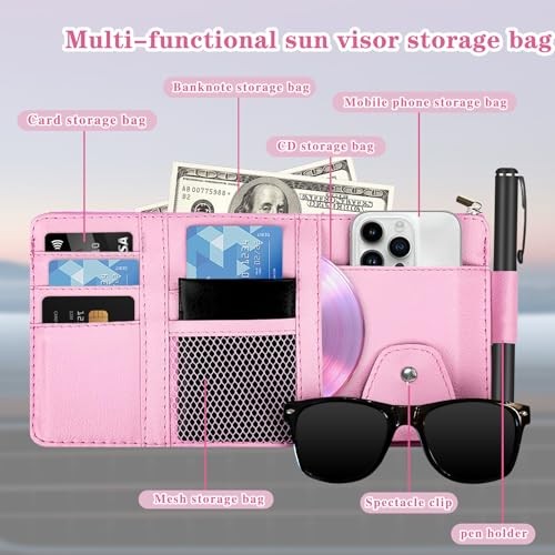 Sun Visor Organizer (Pink),Car Visor Storage Holder for Sunglasses, Documents,