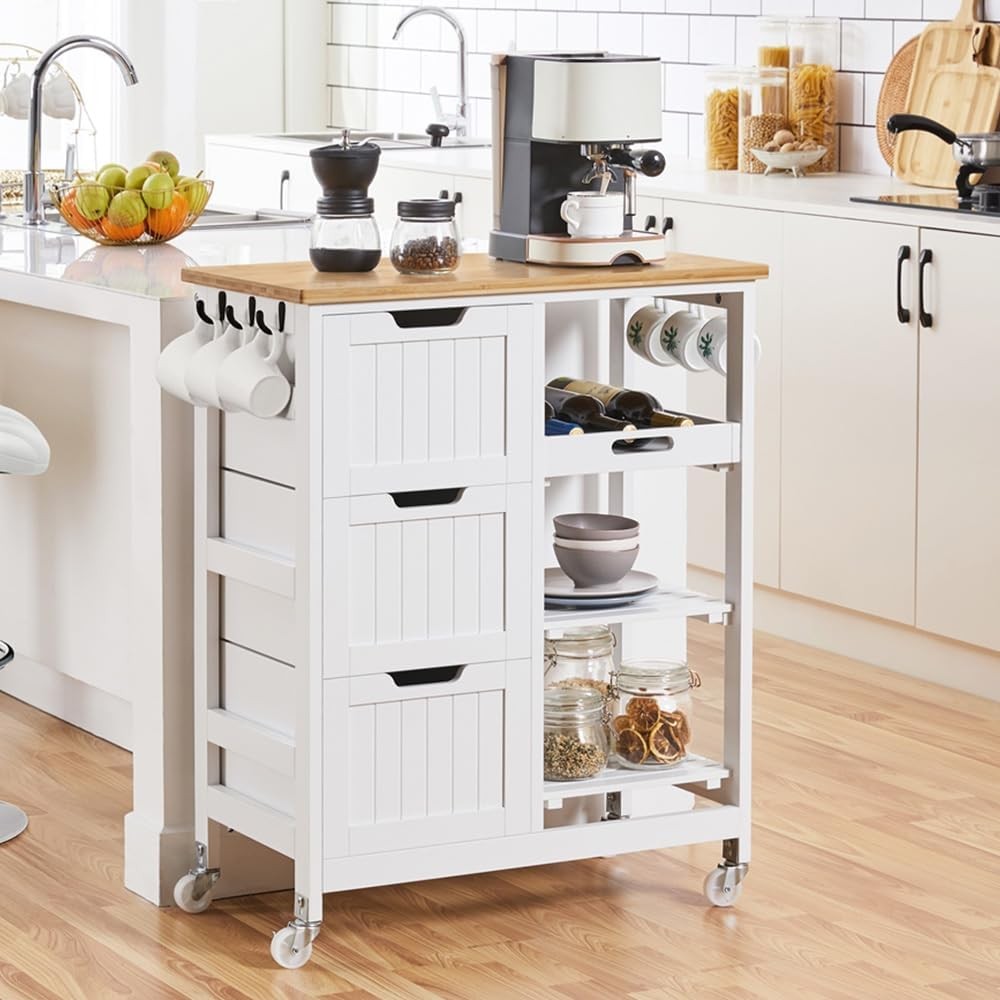 Kitchen Island Cart on Wheels Rolling Storage Cart W/ Bamboo Countertop