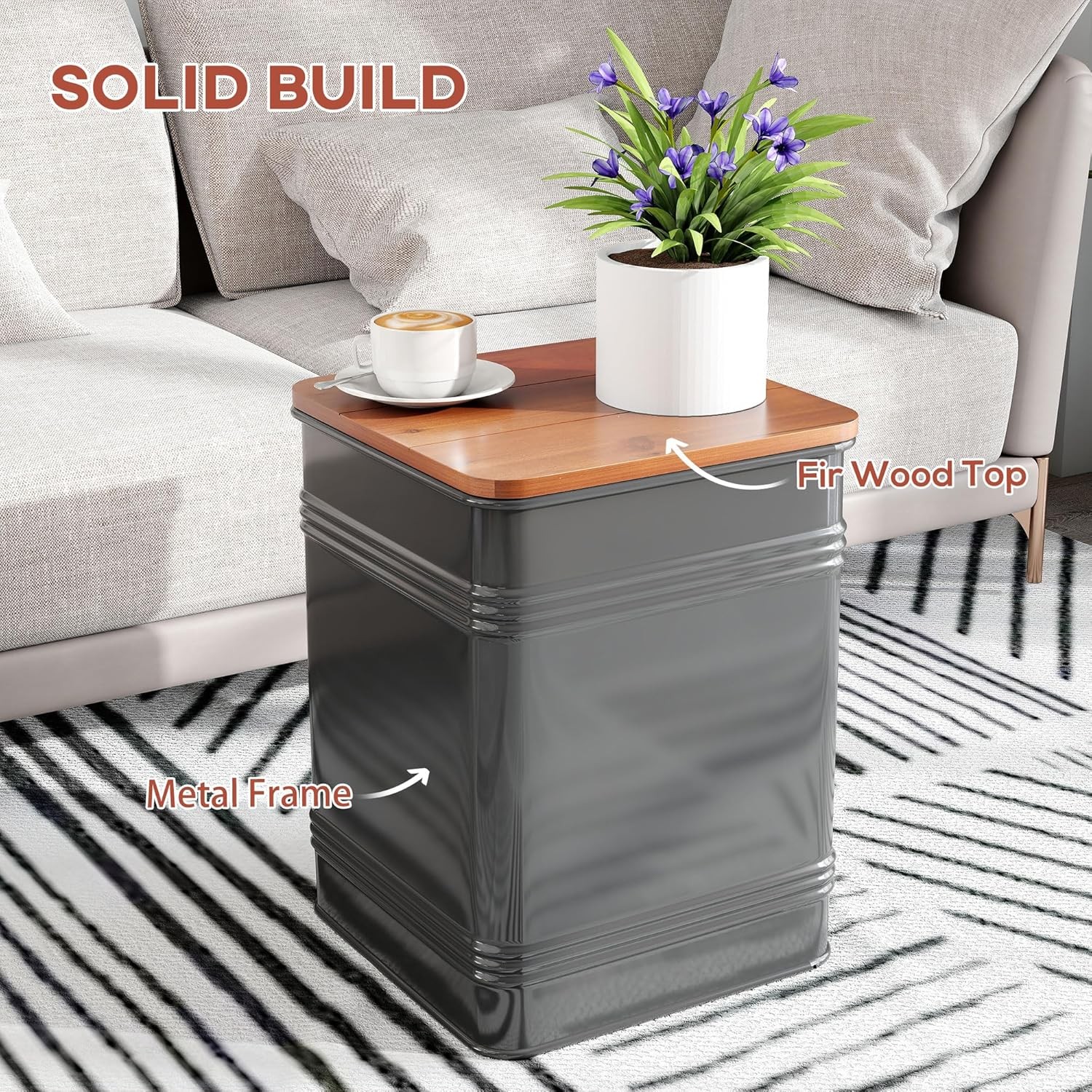 Ottoman W/ Storage Set of 2 Industrial Accent Side Table W/ Removable Wood Lid
