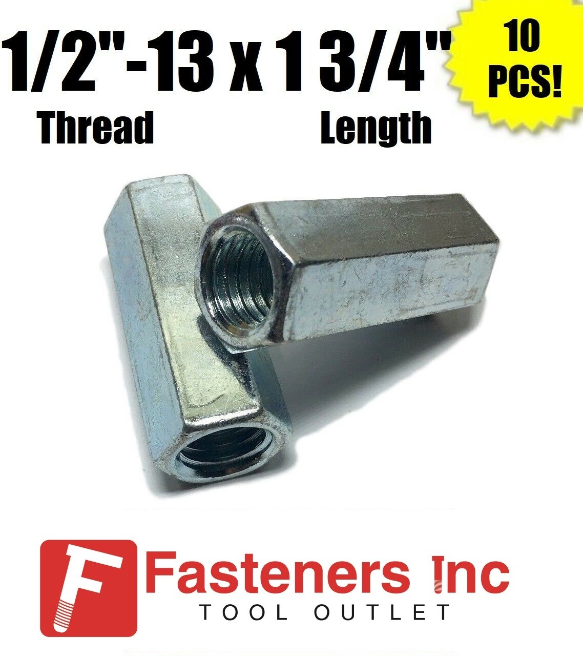 (Qty 10) 1/2"-13 x W11/16" x L 1 3/4" Coarse Grade A Hex Rod Coupling Nut Zinc