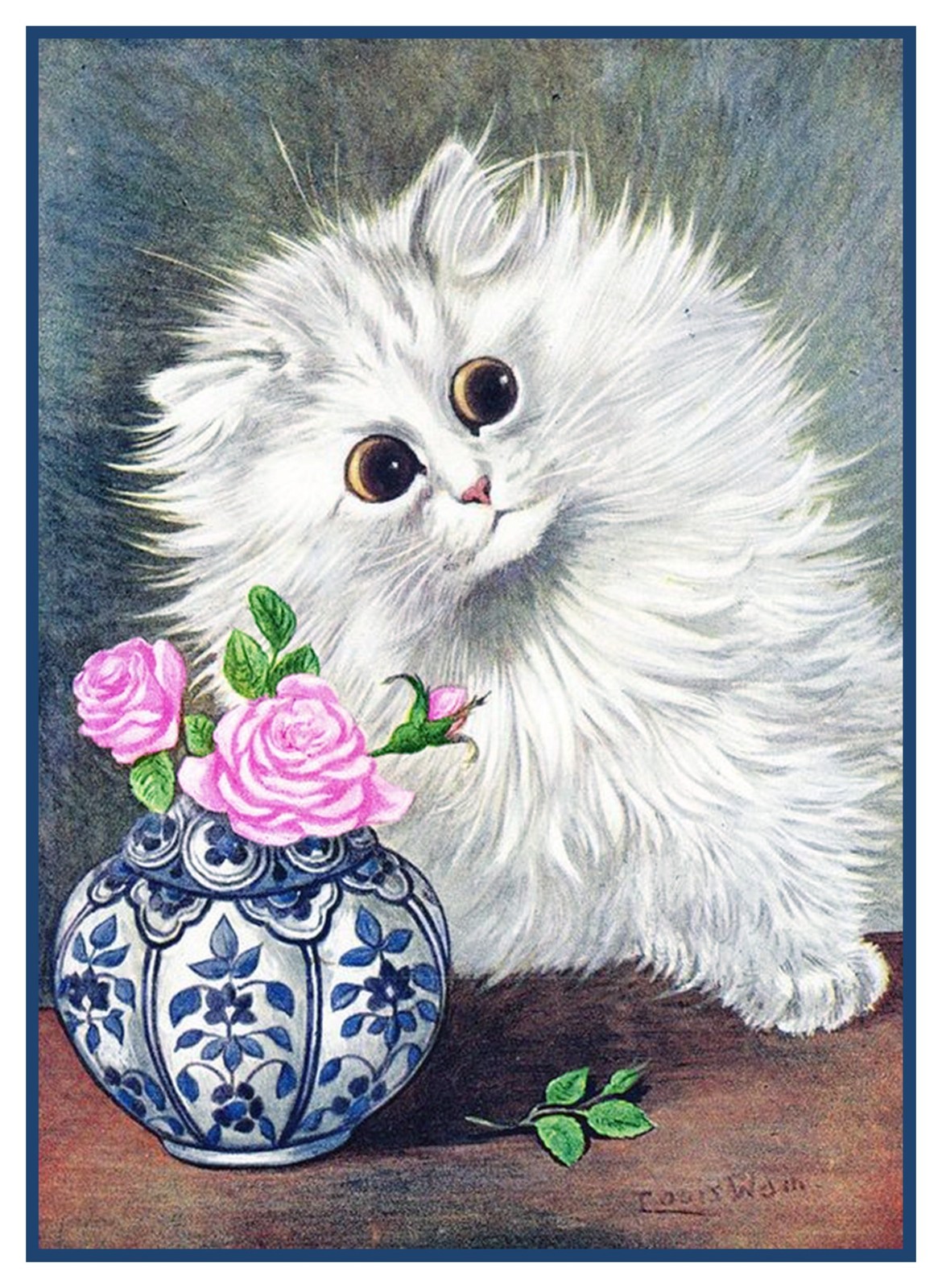 Louis Wain's White Kitty Cat With Pink Flower Counted Cross Stitch Chart Pattern