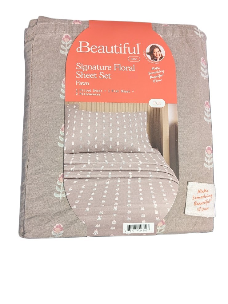 Beautiful Drew Barrymore Signature Floral Fawn Full Sheet Set 4-Piece