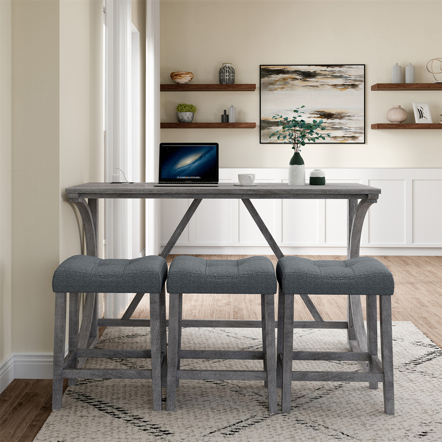 4 Piece Bar Table Set Counter Height Kitchen Dining Table with 3 Bar Stools