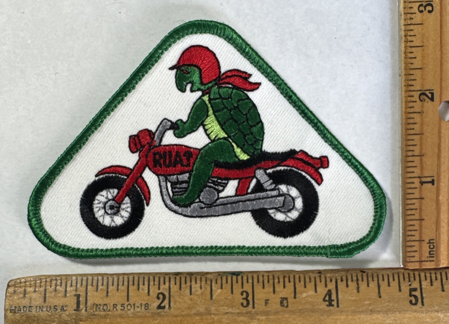 Vintage RUA? Turtle Riding A Motorcycle Logo Sew On Embroidered Patch R. U. A.