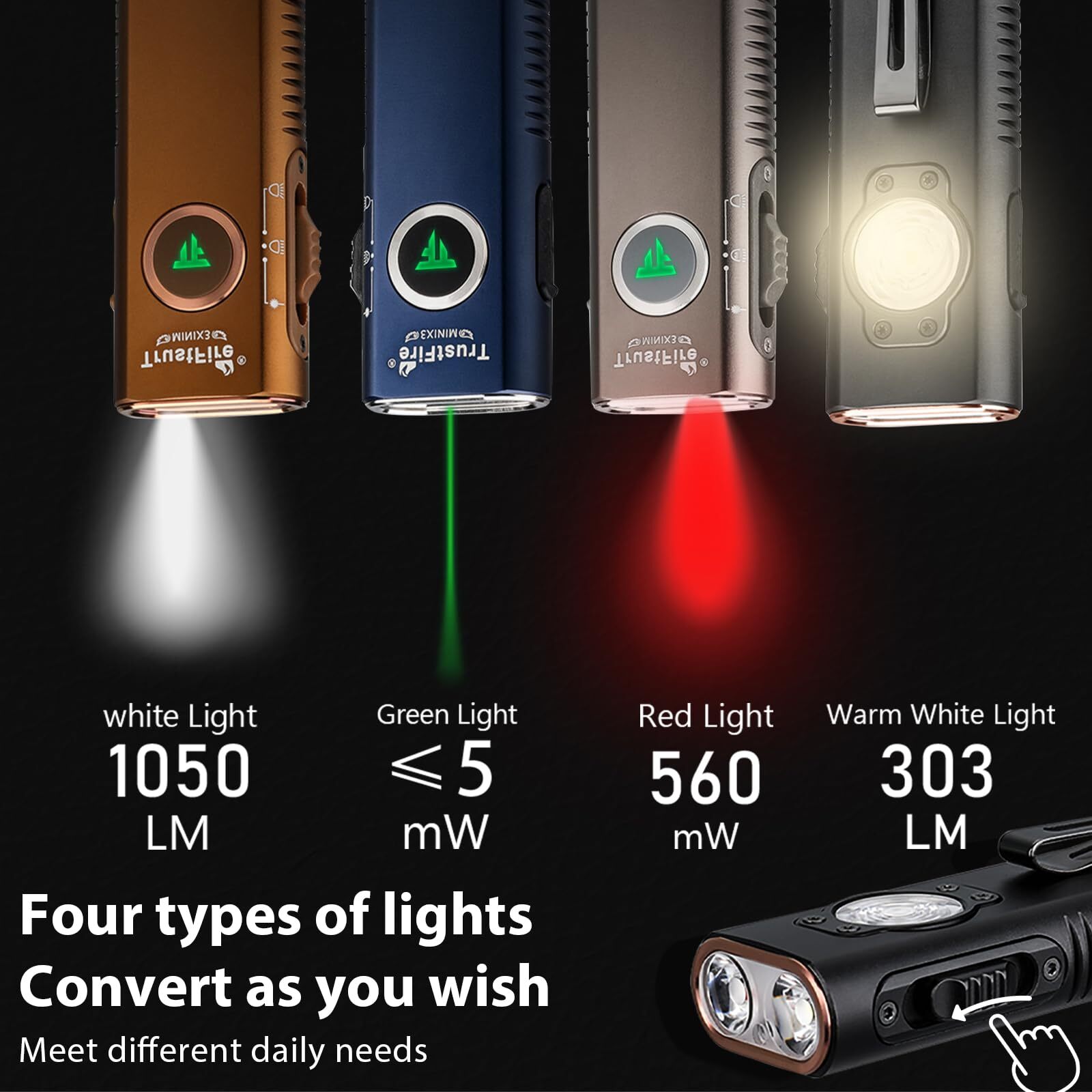 TrustFire MiniX3 Rechargeable EDC Flashlight 1050LM/4 Light Sources Pocket Light