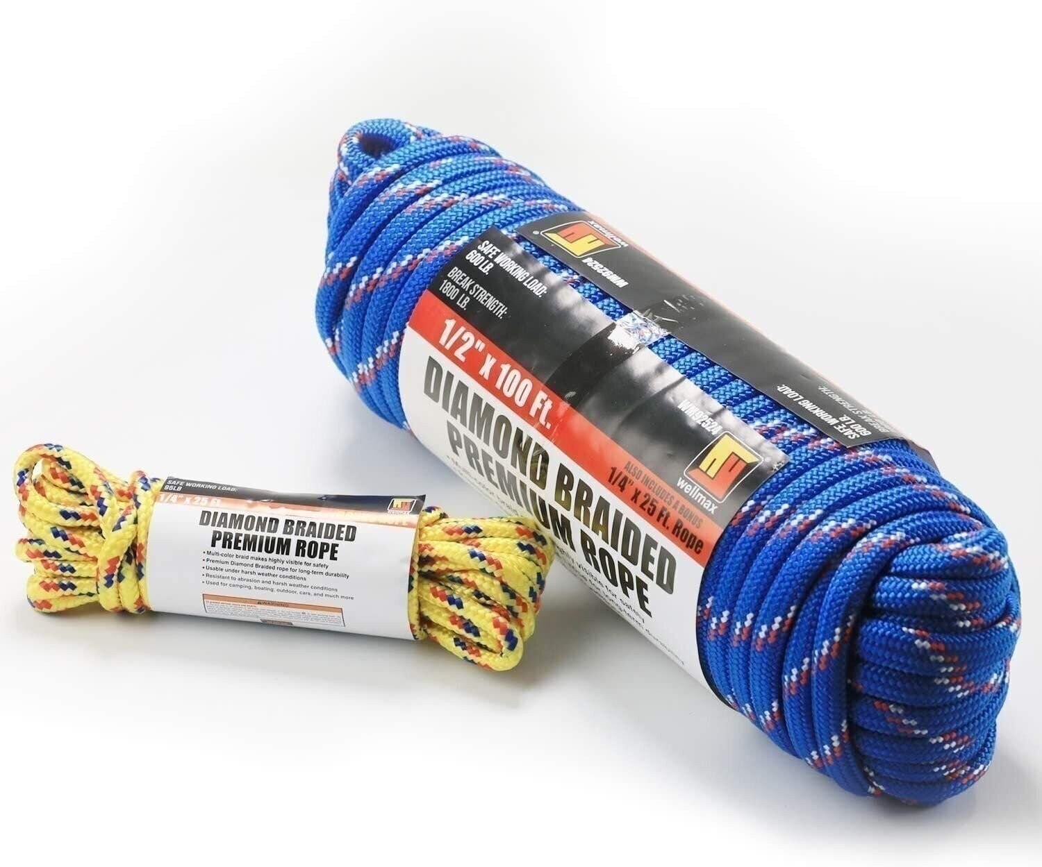 Wellmax Diamond Braid Nylon Rope, 1/2in X 100FT with Bonus 1/4in x25FT Cord...
