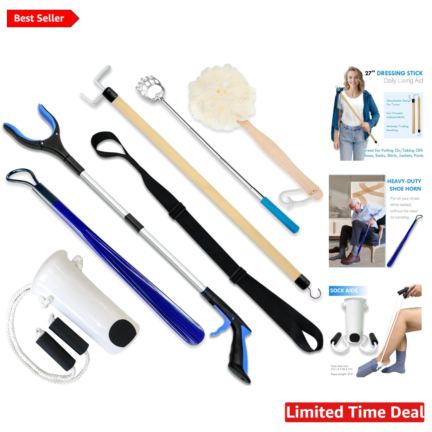7PC Hip Recovery Kit: Grabber, Dressing Stick, Sock Aid for Easy Recovery