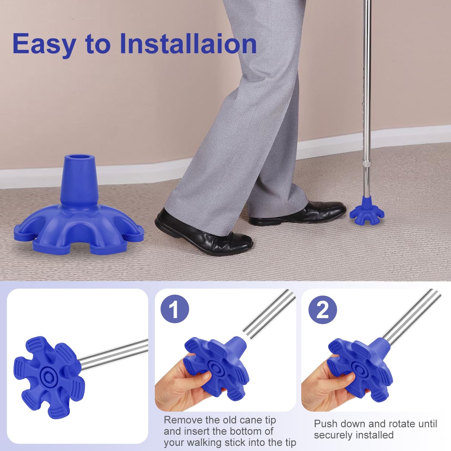 Cane Tip - Self Standing 6 Prong Support Rubber Base for Walking Stick & Cane...