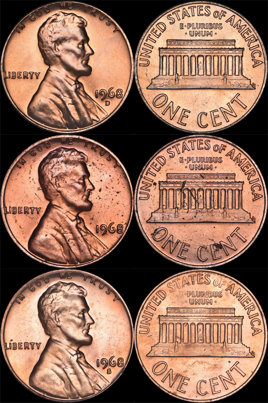 1968 P/D/S Lincoln Memorial Cents GEM BU from mint cellos 1 random trio