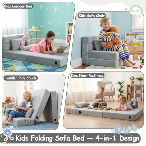 Kids Floor Mattress for Toddler, Child Fold Up Sofa Couch Plush Grey