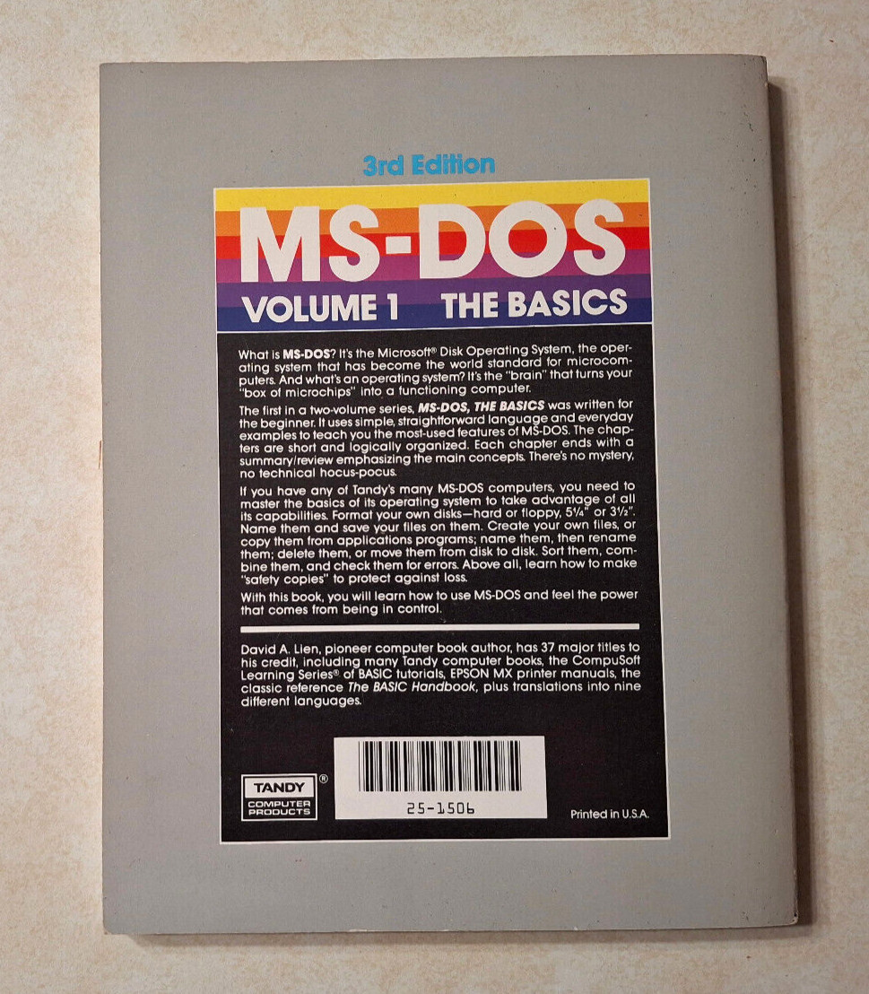 Tandy MS-DOS The Basics Volume 1 Vintage 1985 David A. Lien 3rd Ed Programming