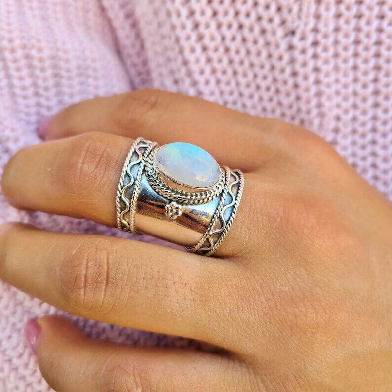 Solid 925 Silver Rainbow Moonstone Ring Handmade Jewelry Boho Ring All Size SR27