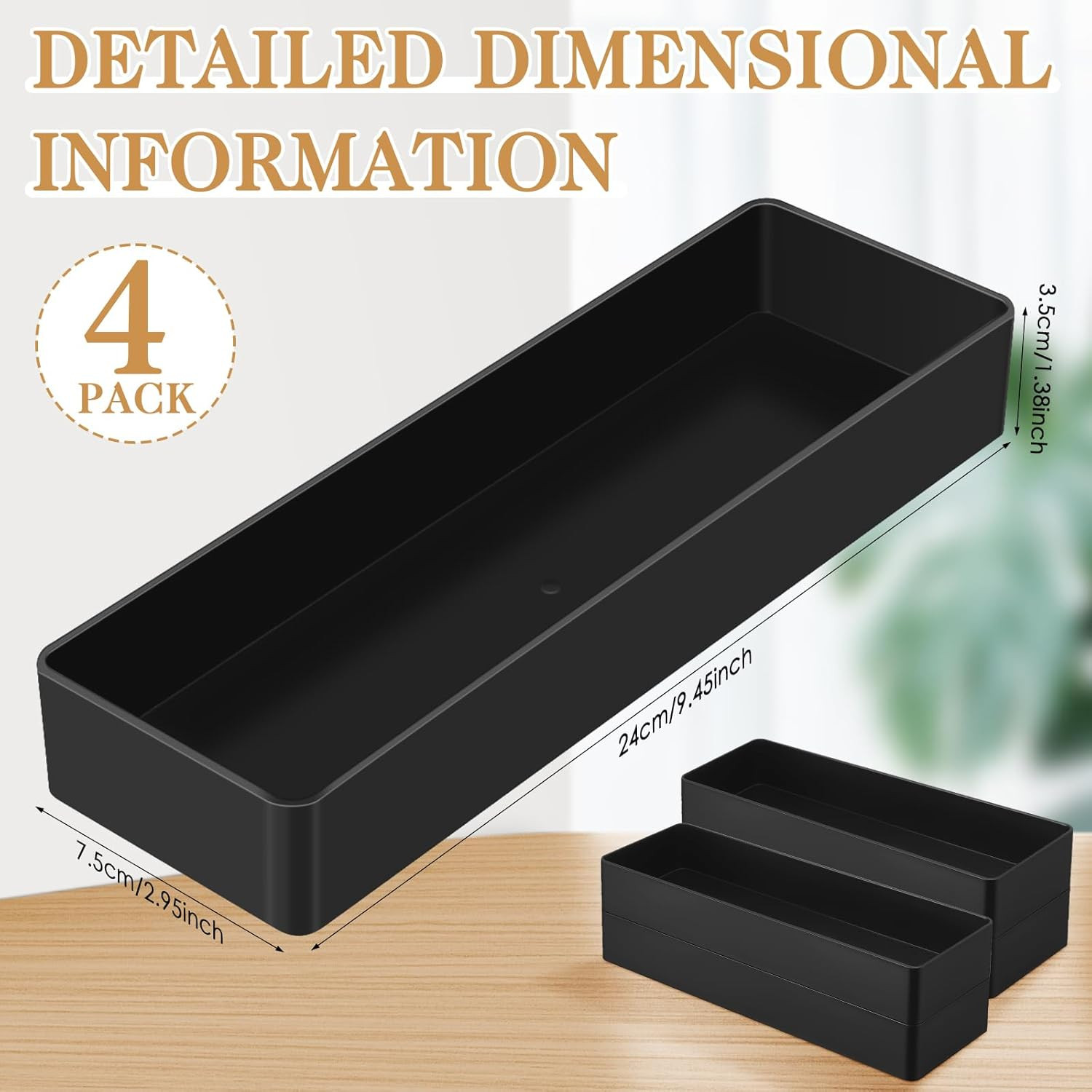 4 Pcs 4 Piece Large Black Rectangular Desk Organizer Set, Half Accessory Tray, P