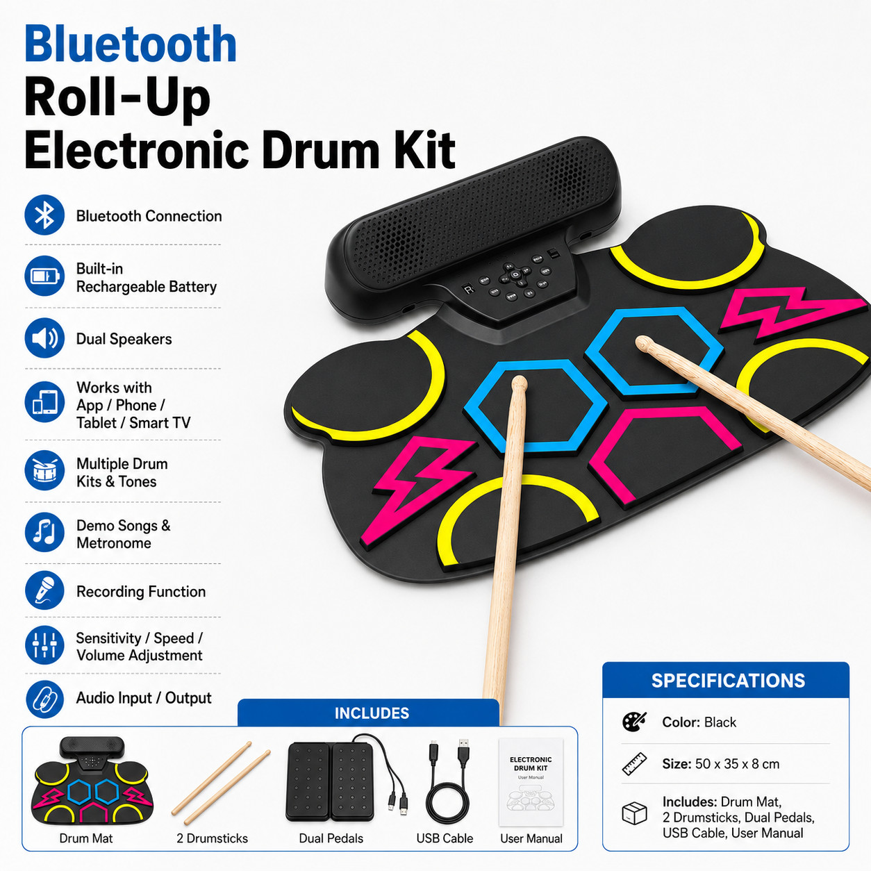 Bluetooth Roll Up Electronic Drum Kit 10 Pads Rechargeable Dual Pedals Drumstick