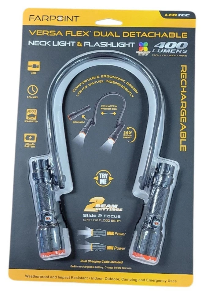 Farpoint Dual Detachable Neck Light & Flashlight 400 Lumens Rechargeable NIB