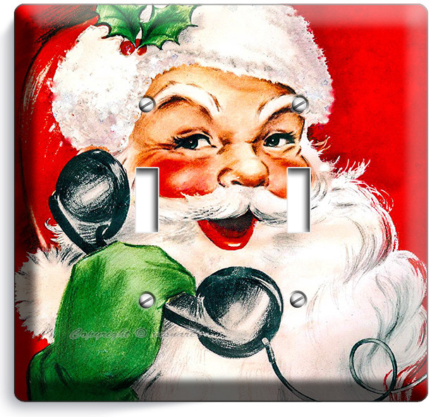 RETRO CHRISTMAS SANTA CLAUS ON PHONE DOUBLE LIGHT SWITCH WALL PLATE COVER DECOR