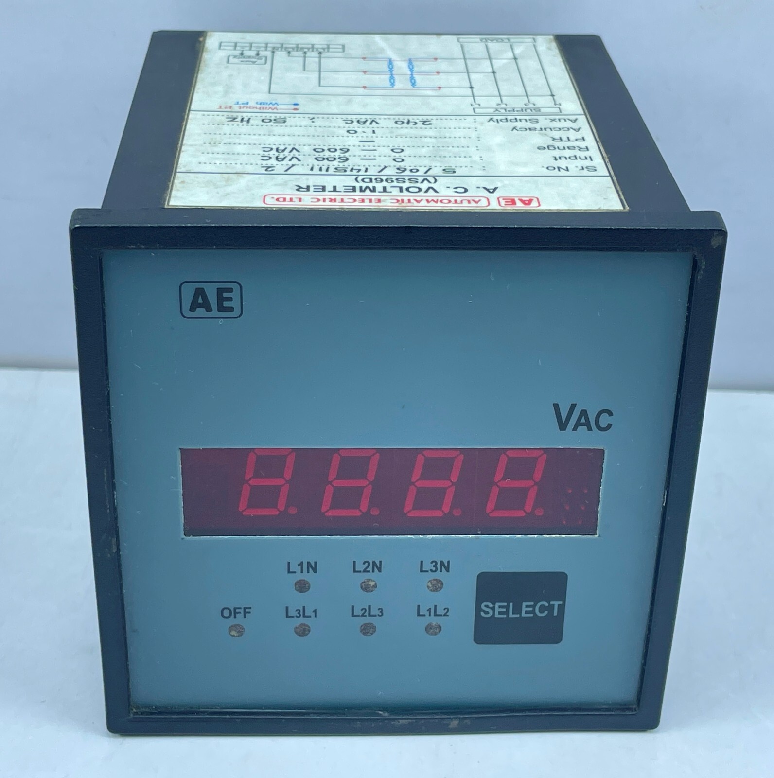 Automatic Electric A.C Voltmeter VSS96D Range 0-600 VAC Supply 240VAC