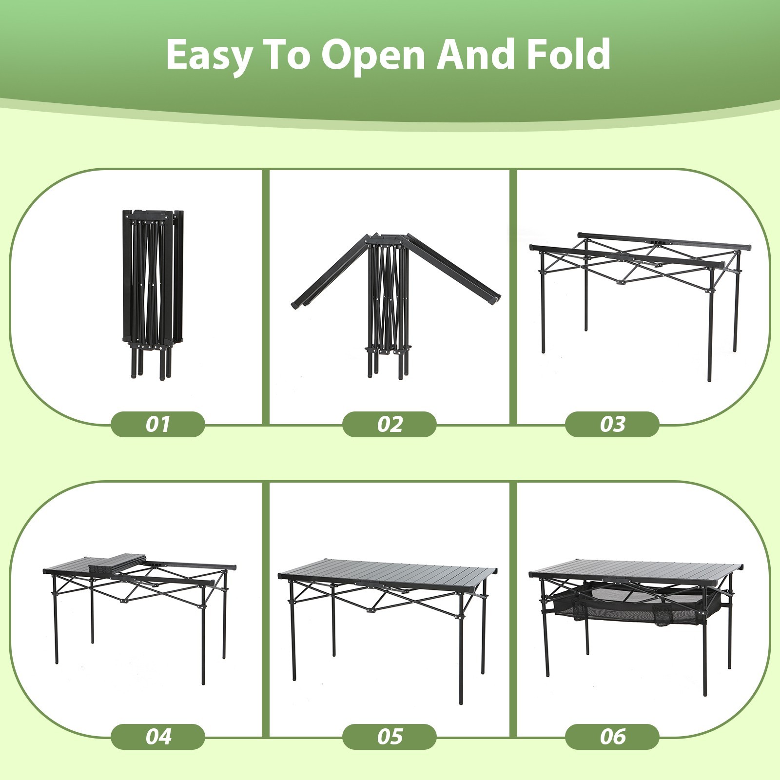 Black Aluminum Folding Camping Table with Mesh Storage, Cup Holders & Carry Bag