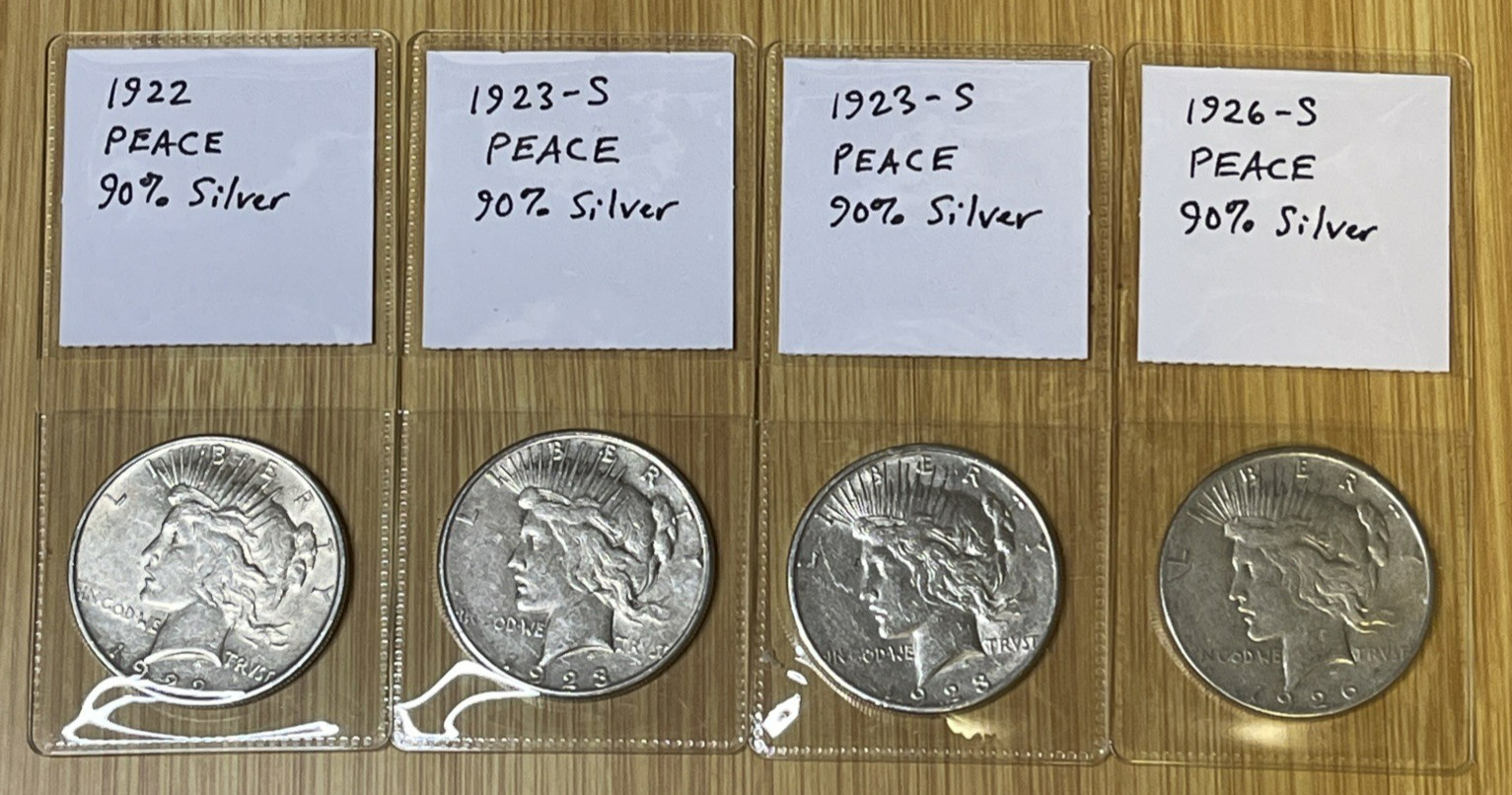 Lot of 4 VF Peace Silver Dollars - 90% silver - 1922, 1923-S (x2), 1926-S