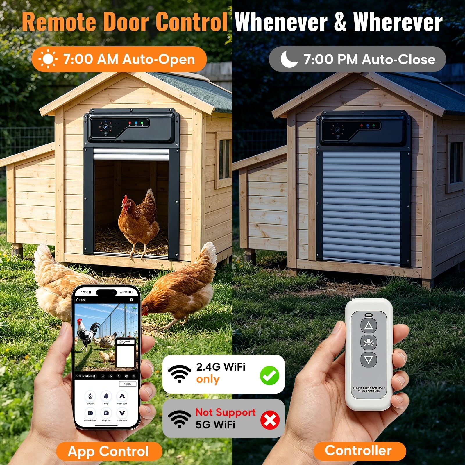Automatic Chicken Coop Door with Timer and Remote Control, WiFi 1080P Camera ...