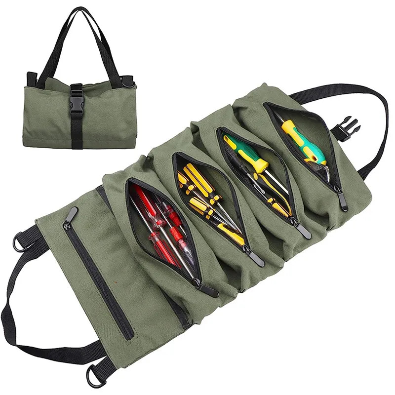 Multi-Purpose Tool Roll Up Bag Wrench Pouch Canvas Hanging Organizer w/ 5 Pocket