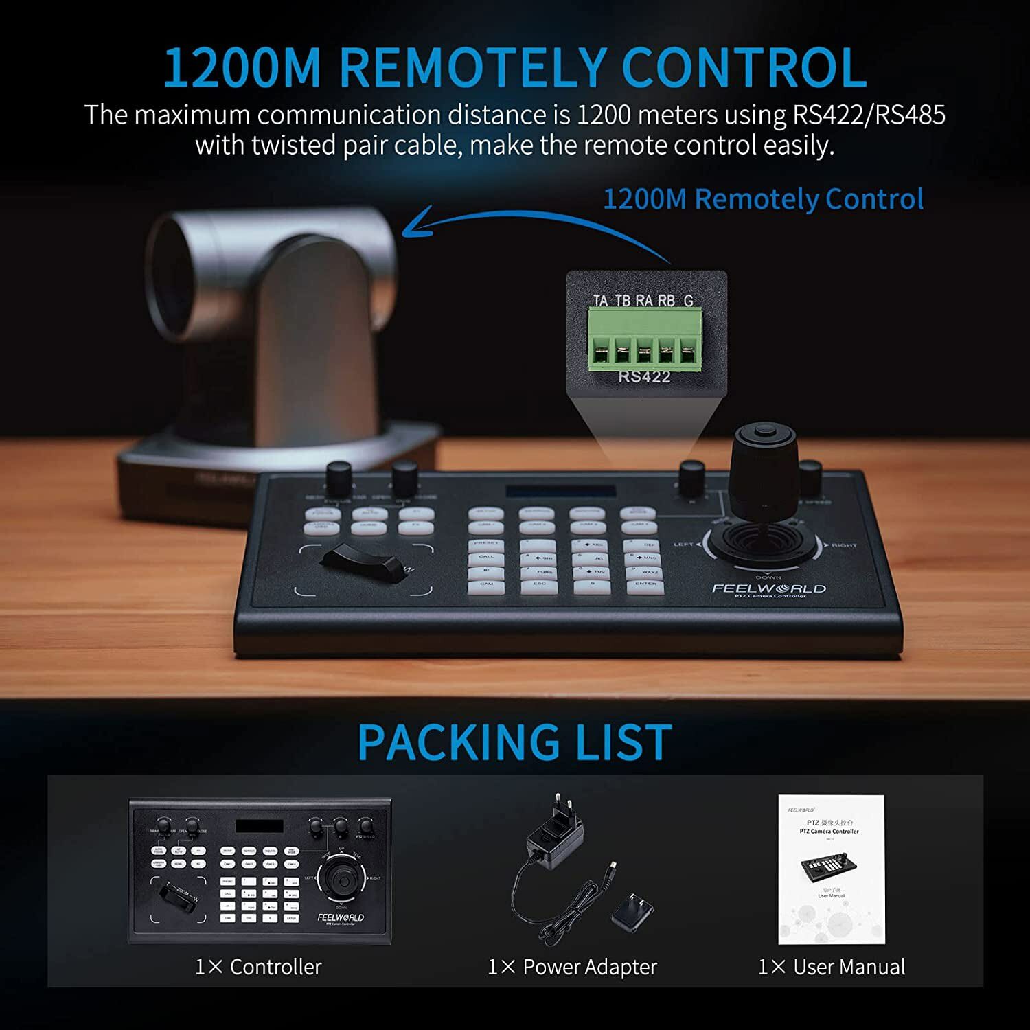 FEELWORLD KBC10 PTZ Camera Controller Joystick & Keyboard Control LCD Screen PoE