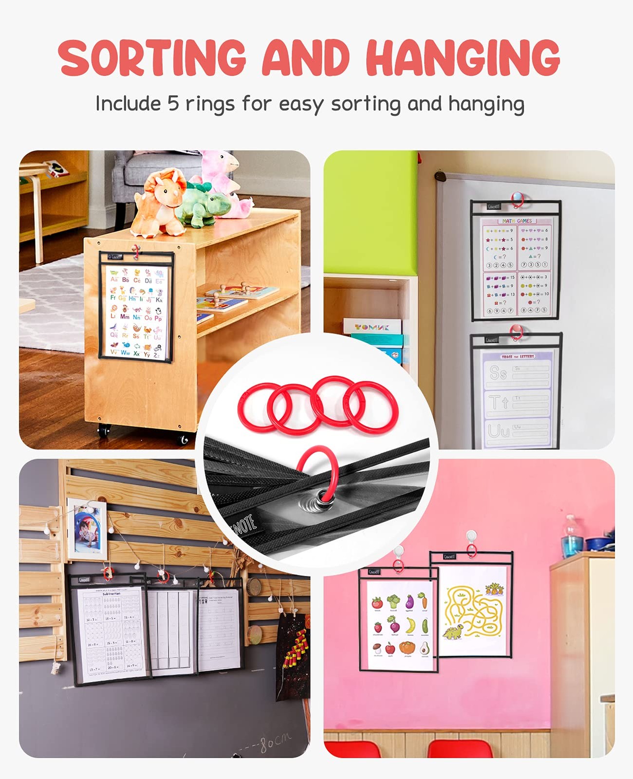 Gamenote Dry Erase Pockets 30 Pack with Rings, Oversized Reusable Plastic Sle...