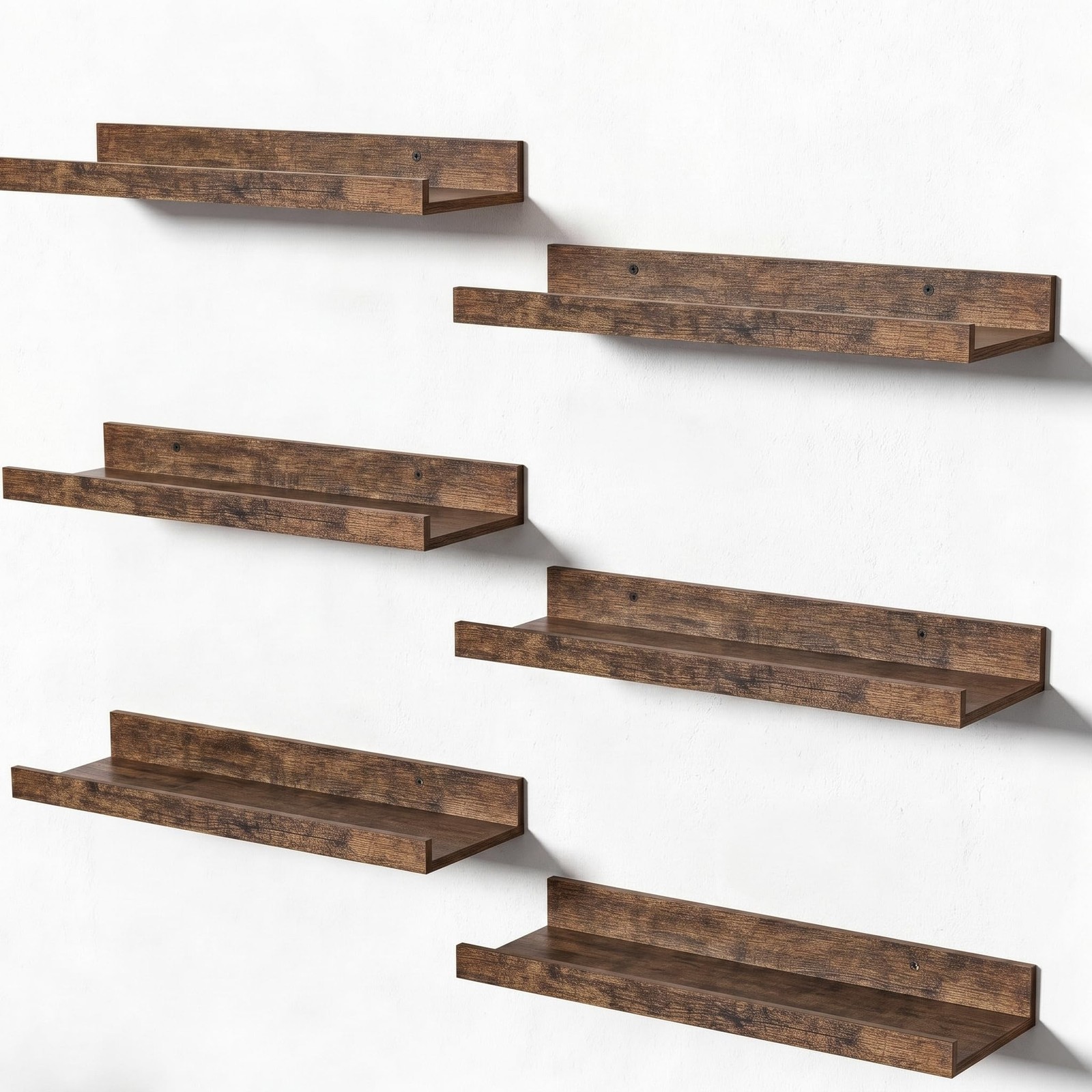 upsimples 6 Pack Wooden Floating Shelves, Wall Storage Decor 15.7in, Brown
