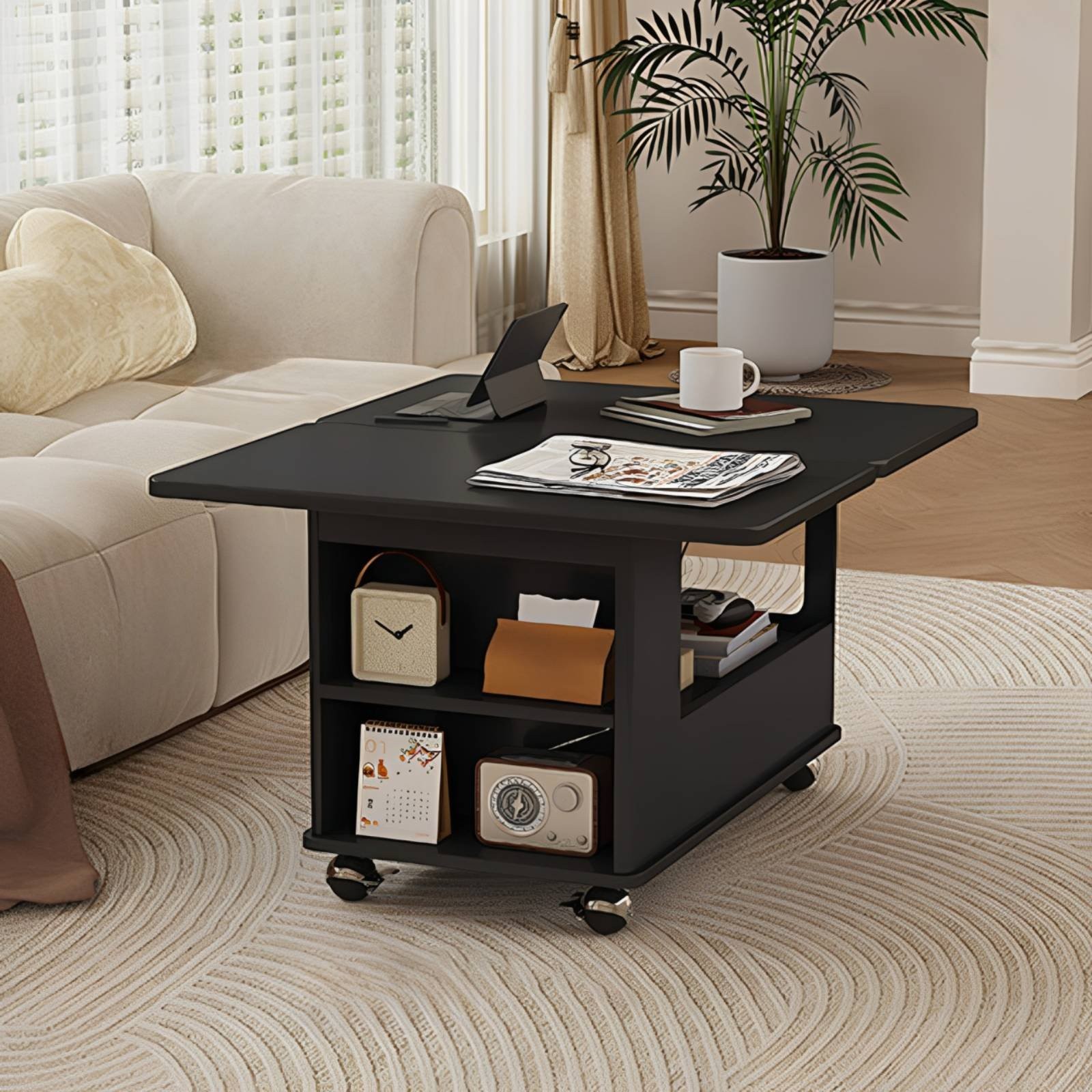 Rolling C-Shaped End Table Height-Adjustable Wheeled C-Table Space-Saving