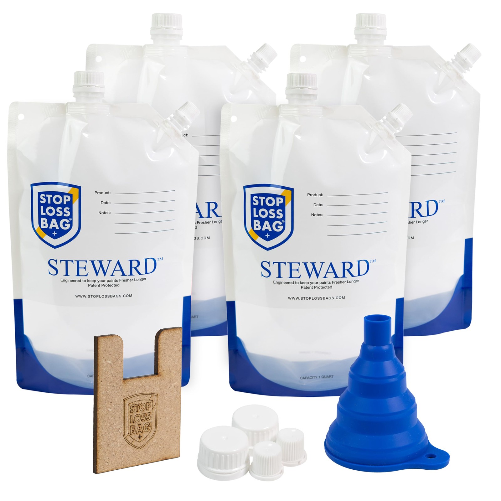 4 StopLoss Bags For Paint, Funnel, Filler Clip & 33.8 Ounces, transparent