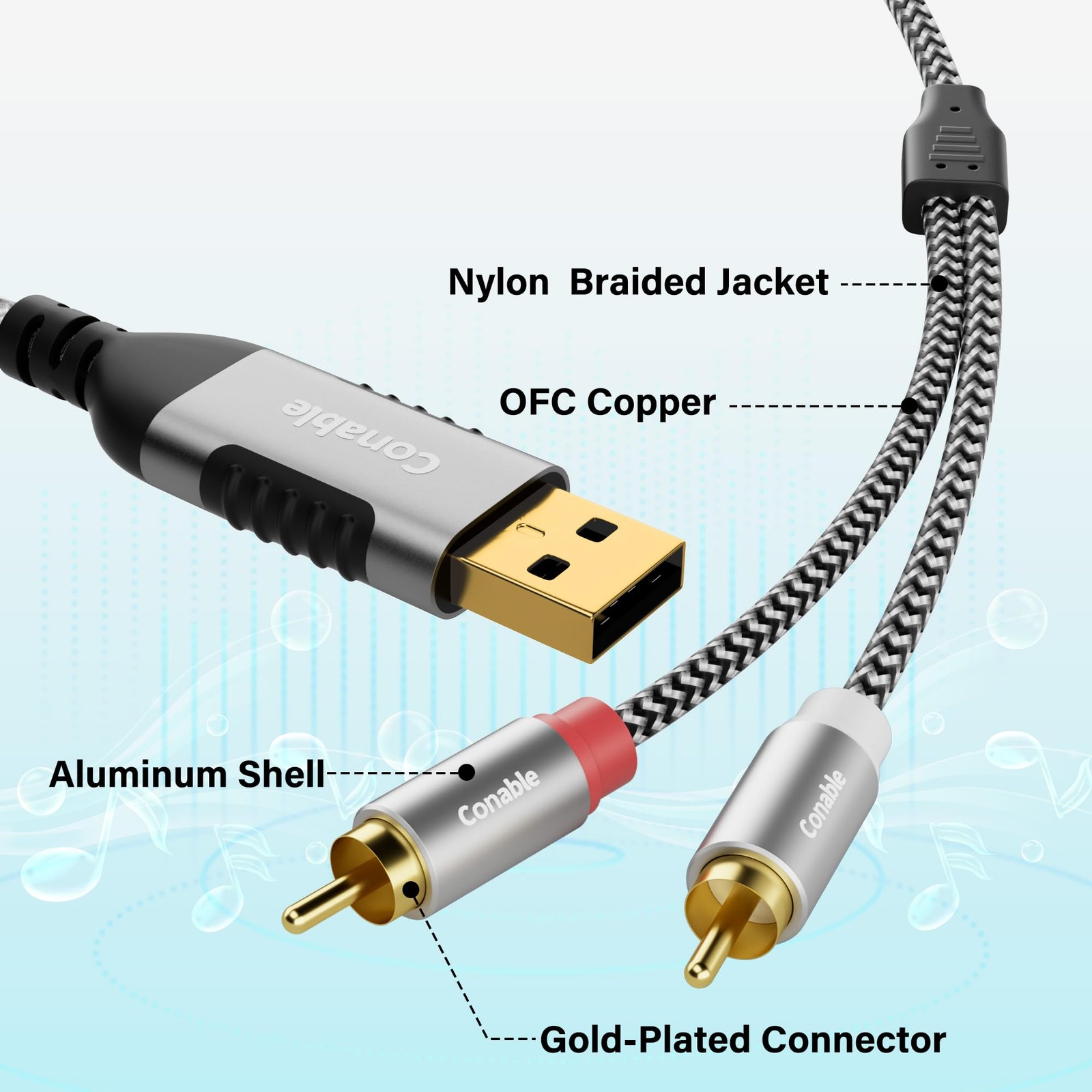 USB to RCA Audio Cable 6 FT, USB-A 2RCA Jack Plug Adapter, 6FT, Grey