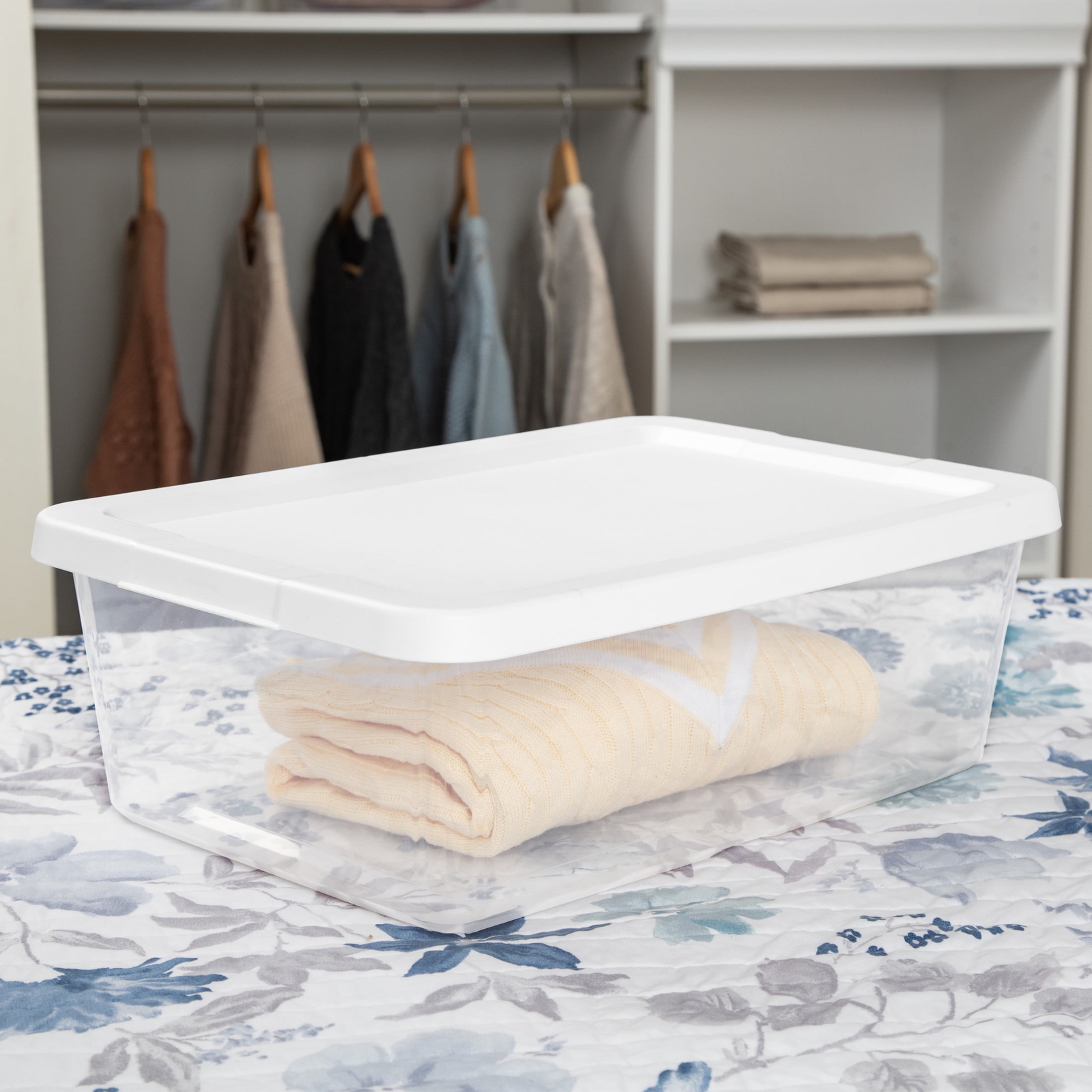 (4) 12 Quart Storage Boxes, Clear Plastic Storage Bin with Snap-on Lid, White