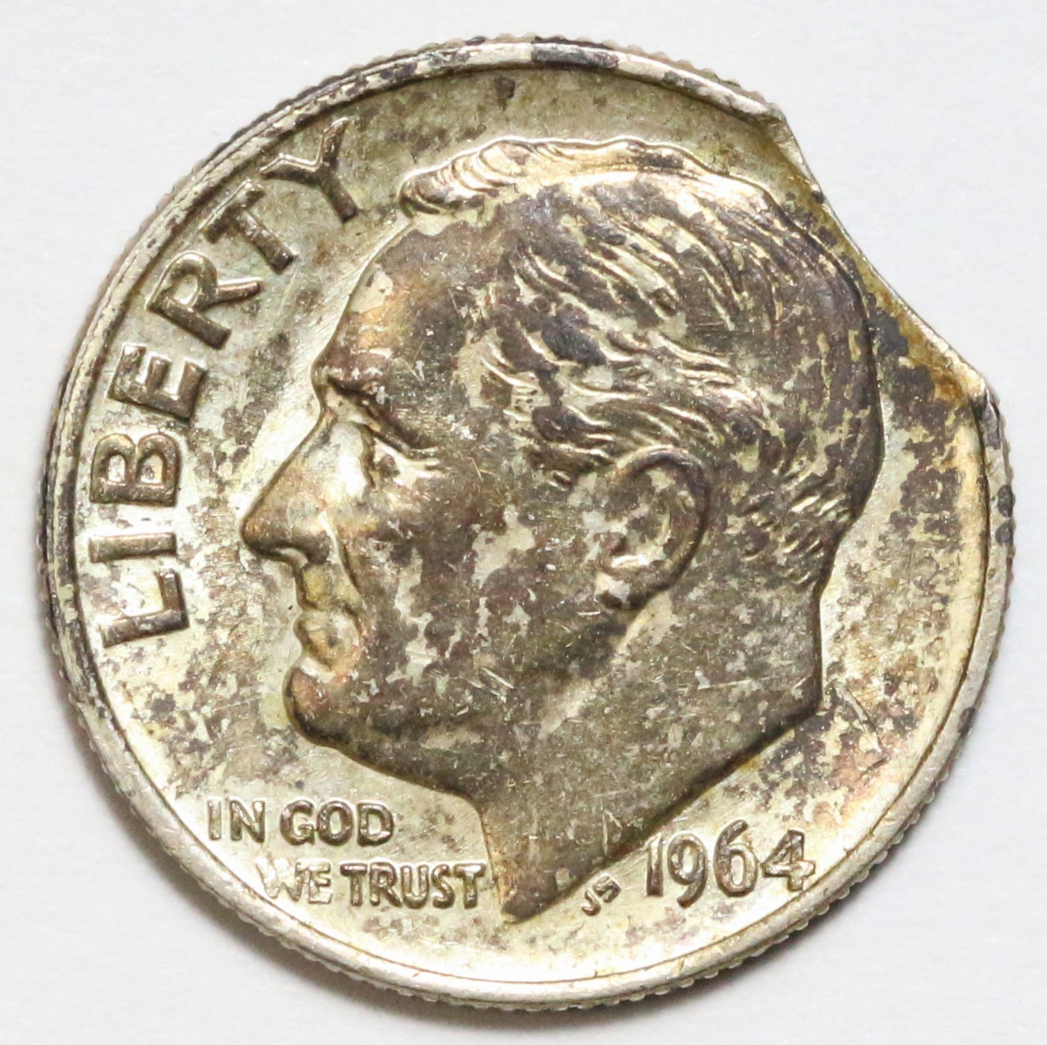 1964 10c Roosevelt Silver Dime Error / Planchet Clipped - Uncirculated - Toned