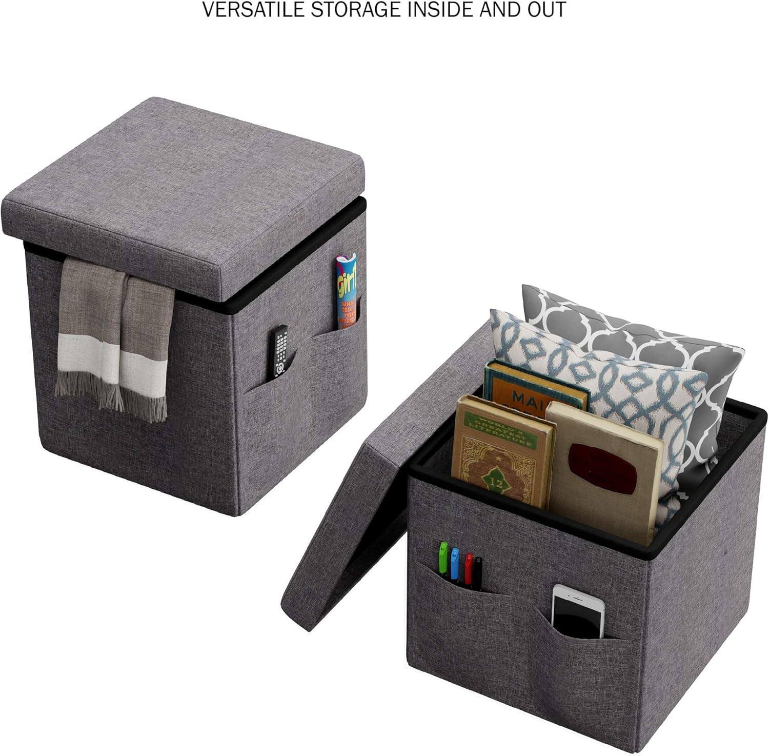 Set of 2 Ottomans with Storage Pockets - 15-Inch Folding Foot Rests or Storage O