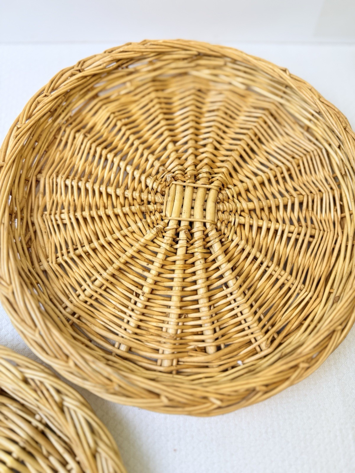 HEAVY Woven Wicker Rattan Round Wicker Plates 11” D With Sides LOT OF 3