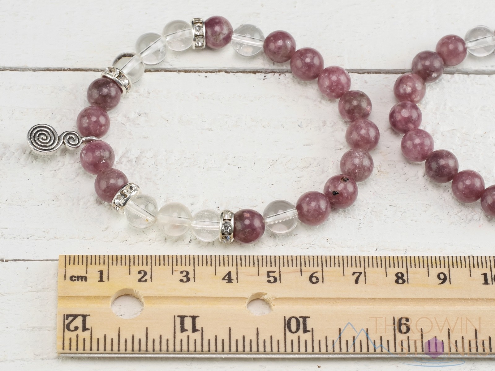 LEPIDOLITE & CLEAR QUARTZ Crystal Bracelet - Spiral Charm, Round Beads, E0975