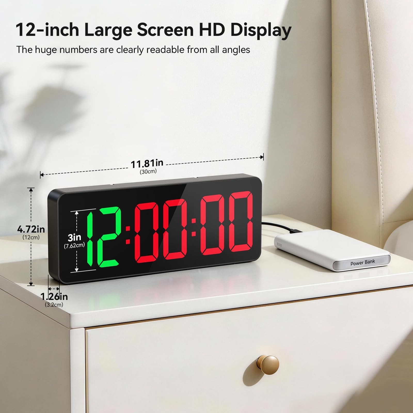 Large 12" LED Gym Timer Clock with Remote - Interval Countdown Stopwatch for Spo