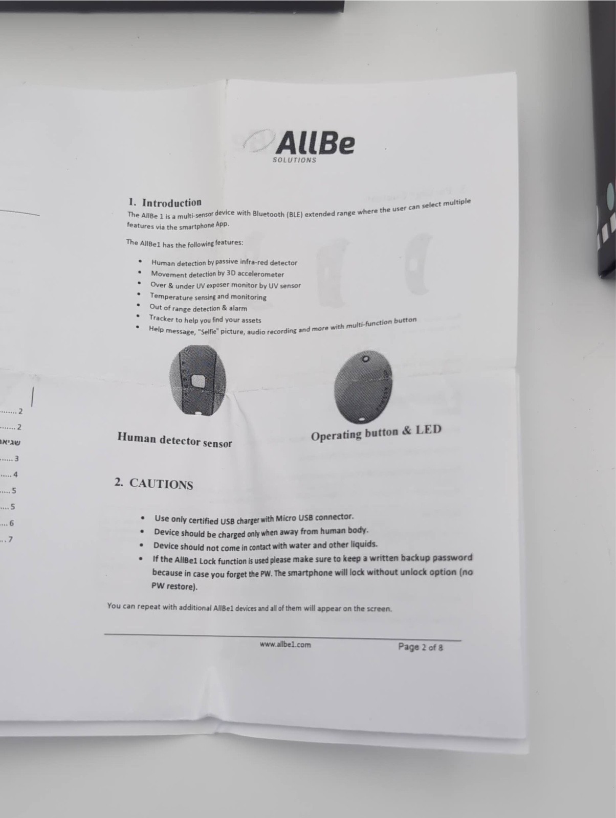 AllBe 1 Multi-Sensor Bluetooth BLE Multi-Sensor Personal Safety Device AllBe1