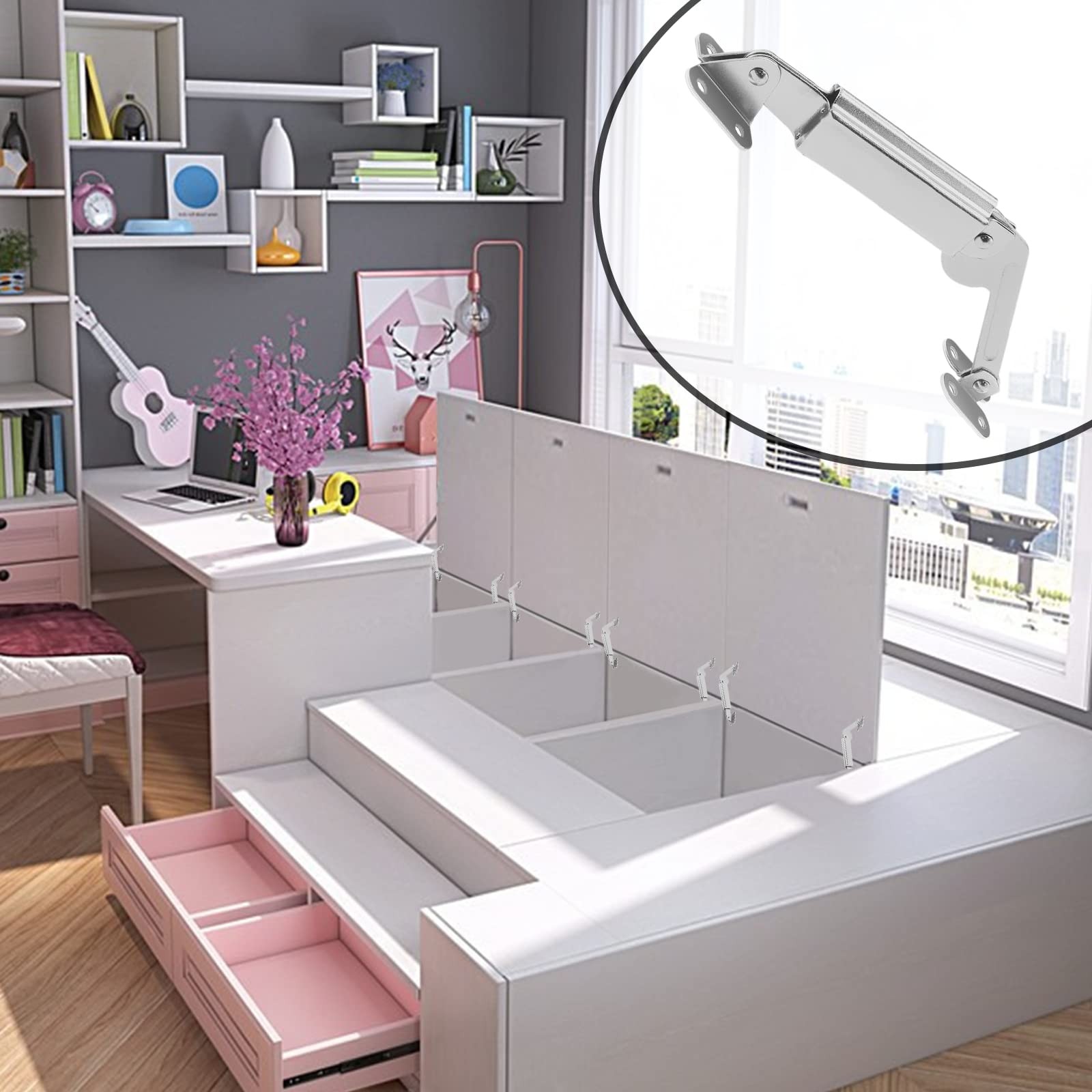 2 PCS Silver Tone Spring Lid Support Hinge Left Right Hardware Box Cabinet