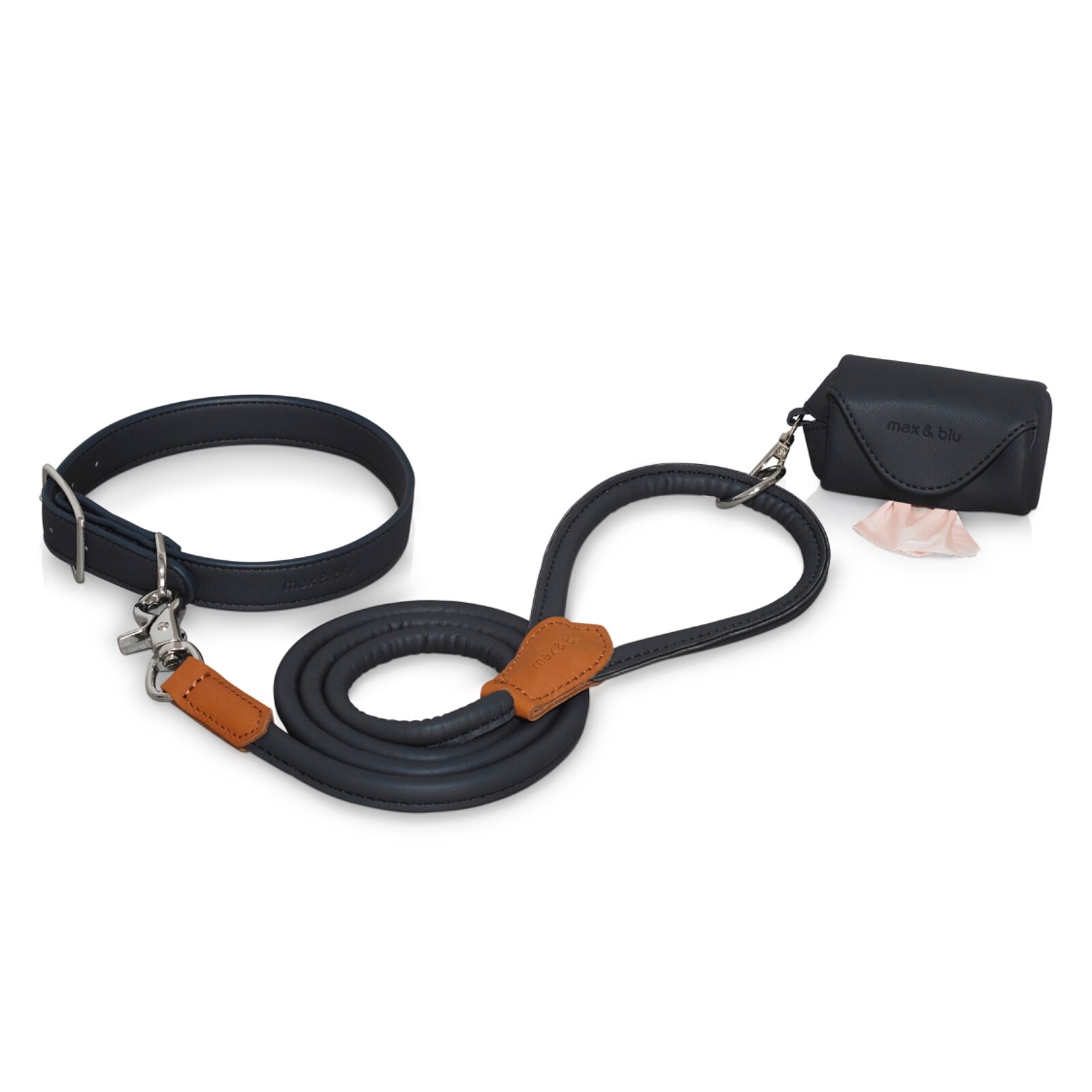 Max and Blu Walk Set | Collar, Lead and Poop Bag Holder | Dark Blue / Navy