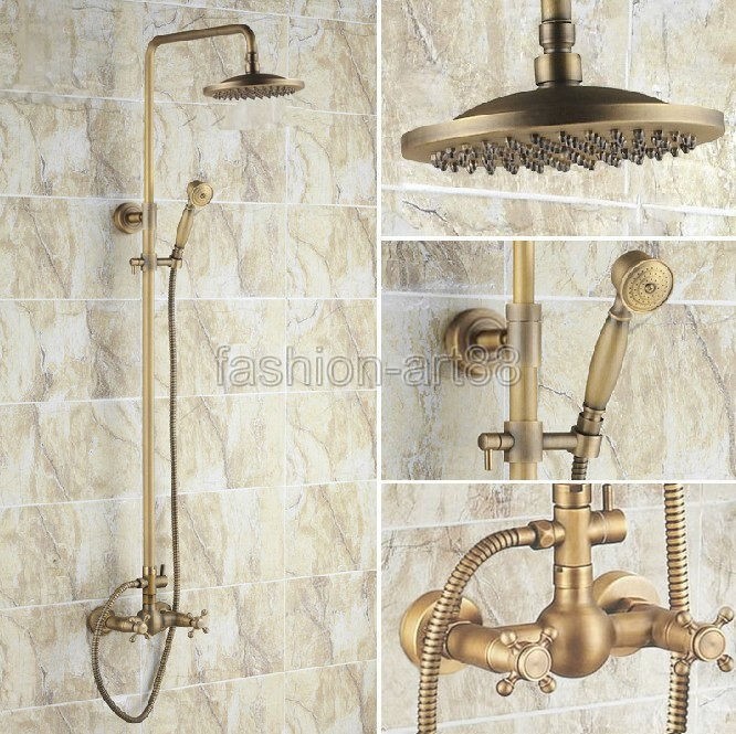 Antique Brass Bathroom Rain Shower Faucet Set Mixer Tap Dual Cross Handle Frs008