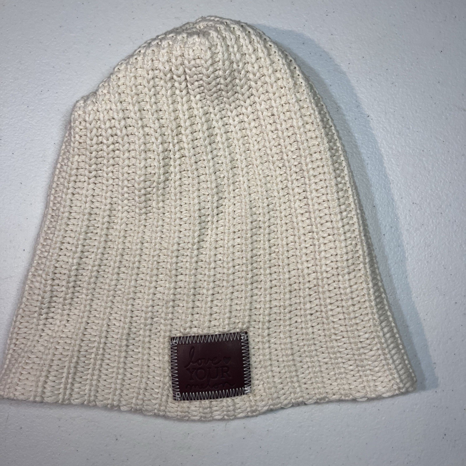 Slouchy Beanie Hat Womens White Logo Chunky Knit Winter LOVE YOUR MELON USA EUC