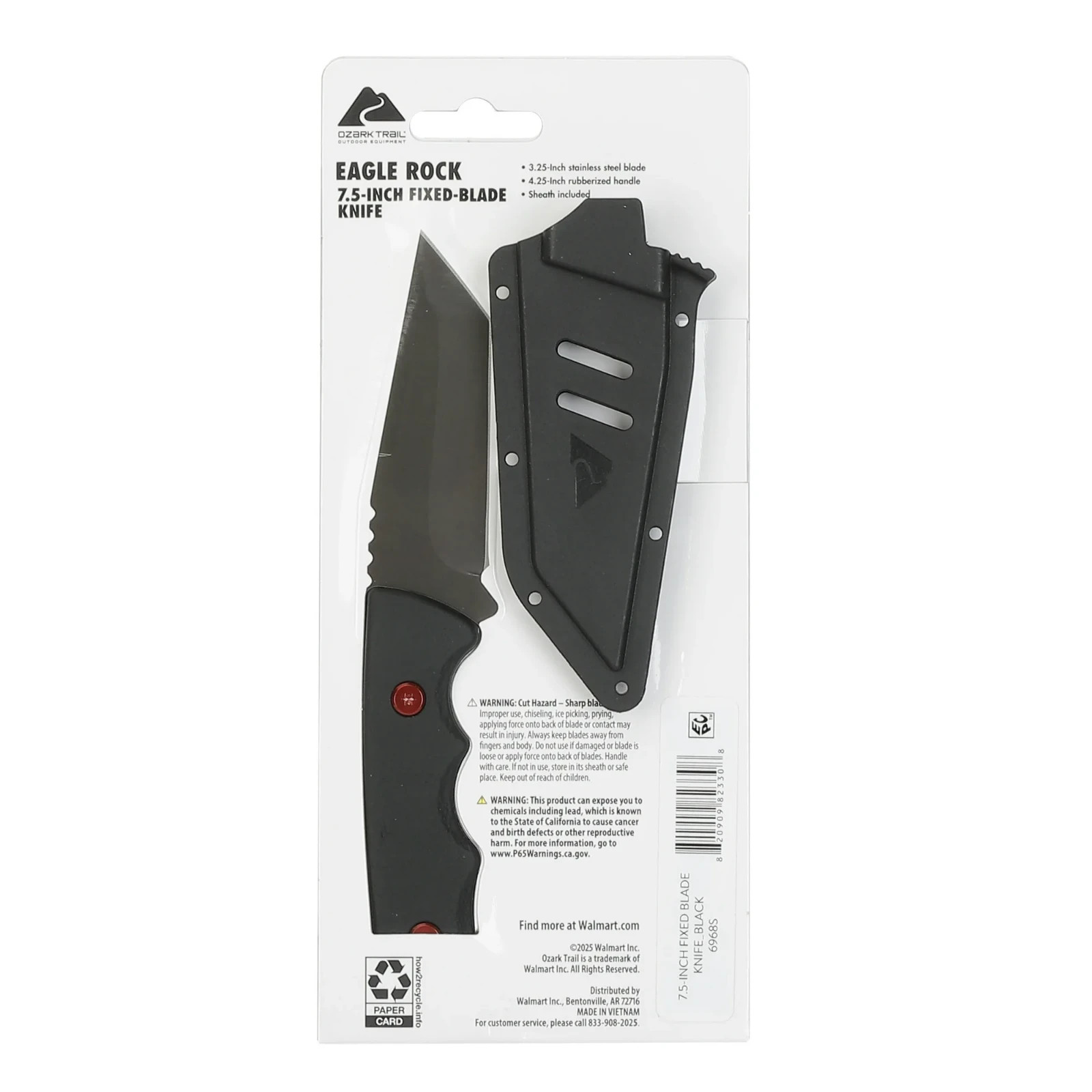Ozark Trail Eagle Rock 7.5 inch Fixed Blade Black Tanto