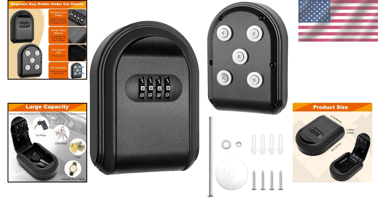 Magnetic Key Holder with Lock, Magnet Key Lock Box Hidden Under Car, Secure 4...